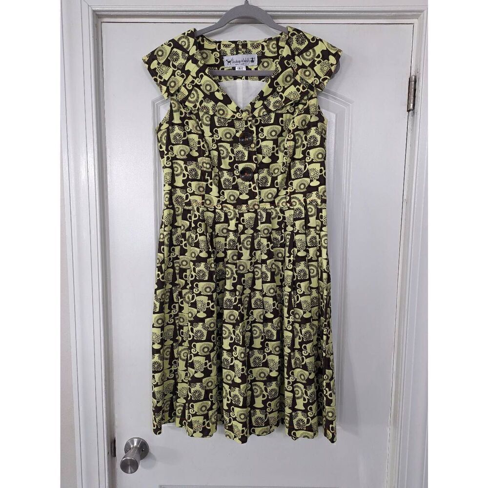 Beebop & Wally Dress women's size Large green brown rockabilly coffee cups 70s‎